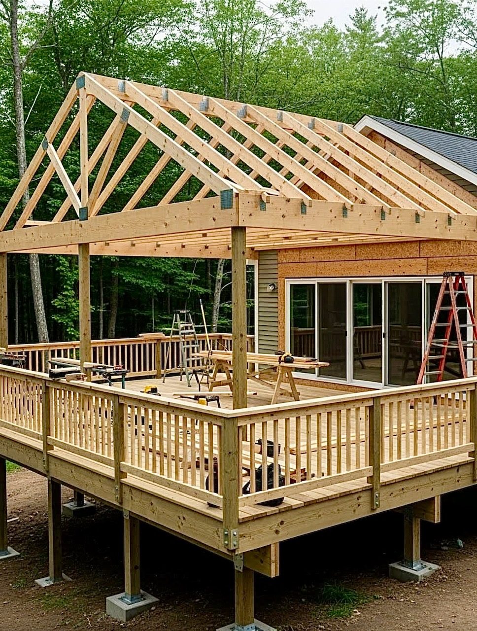 Elevated wood deck under construction in a wooded lot